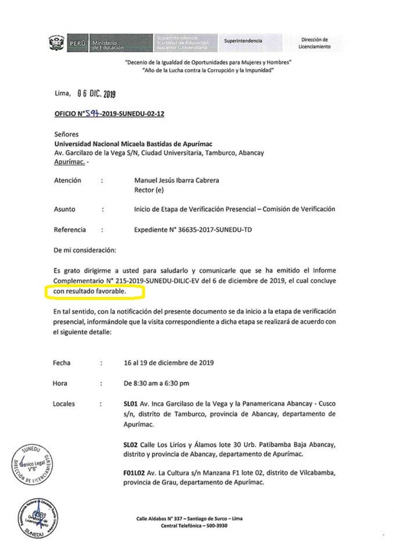 Sunedu remite oficio para verificación presencial de las CBC de la UNAMBA, del 16 a 19 de diciembre de 2019