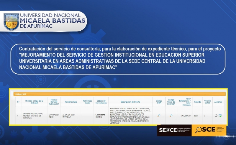 Consultoría para la elaboración de expediente técnico para el proyecto: Mejoramiento del servicio de gestión institucional en educación superior universitaria en áreas administrativas de la sede central de la UNAMBA