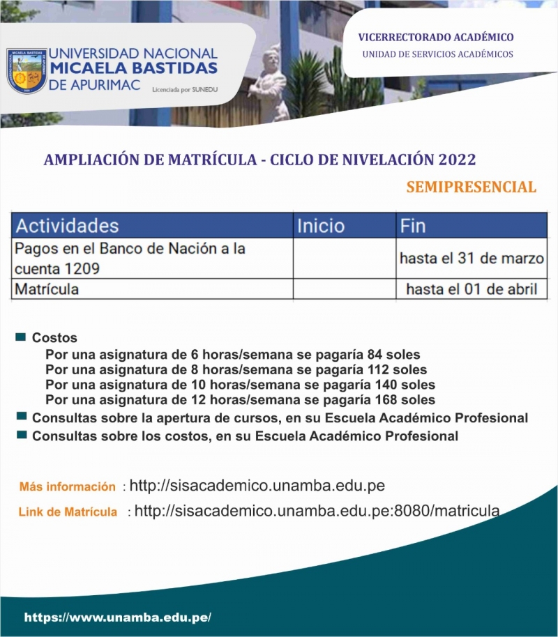 AMPLIACIÓN DE MATRÍCULAS - CICLO DE NIVELACIÓN 2022