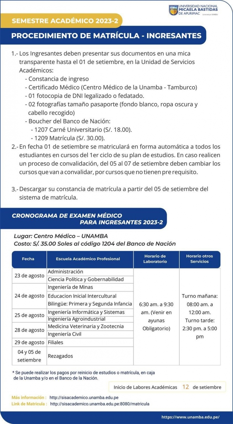 Matrícula para ingresantes - Semestre Académico 2023-2 de la UNAMBA