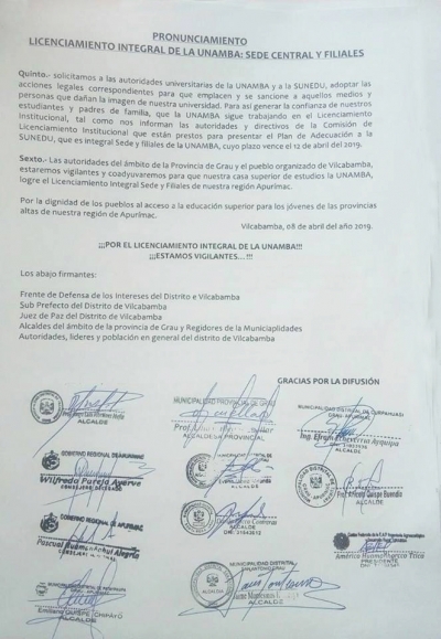 Pronunciamiento de Autoridades y Sociedad Civil de la Provincia de Grau-Apurímac, en respaldo al Proceso de Licenciamiento de la UNAMBA