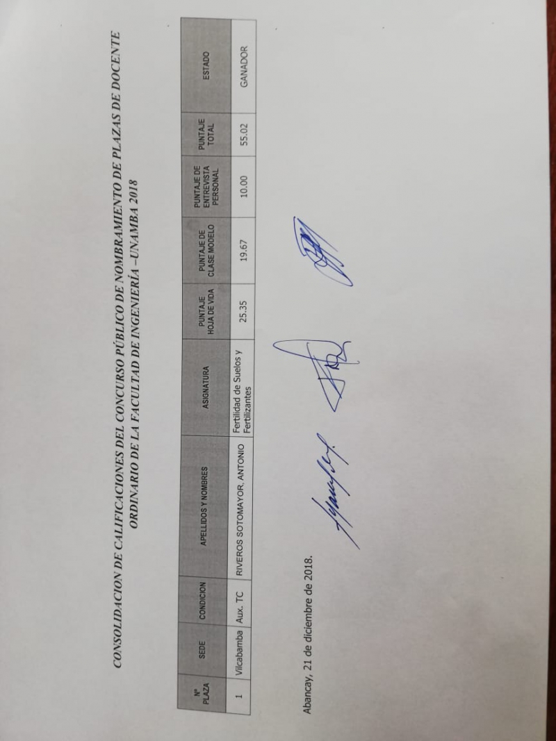 Resultado final del Concurso de Nombramiento Docente de la Facultad de Ingeniería Unamba-2018