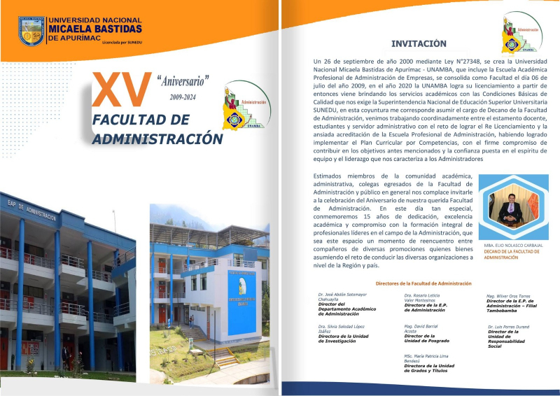 Invitación por el XV aniversario de creación de la Facultad de Administración