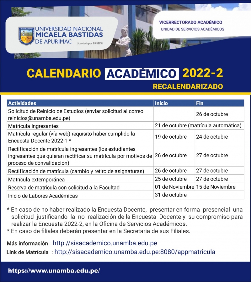 Calendario Académico del Semestre 2022-II - PROCESO DE MATRÍCULA