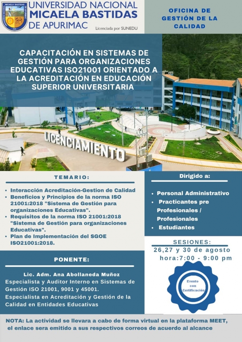 Capacitación en Sistemas de Gestión para Organizaciones Educativas ISO 21001 Orientado a la Acreditación en Educación Superior Universitaria