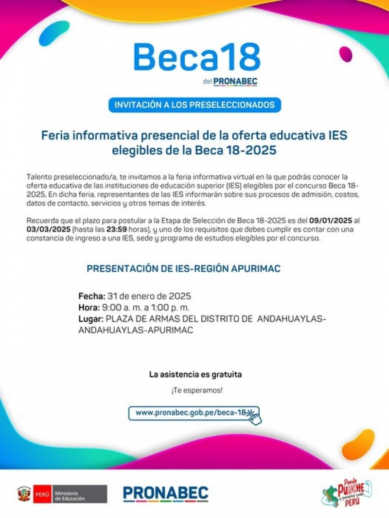 &quot;Feria informativa de Beca 18&quot; en la Plaza de Armas de Andahuaylas con participación de la UNAMBA