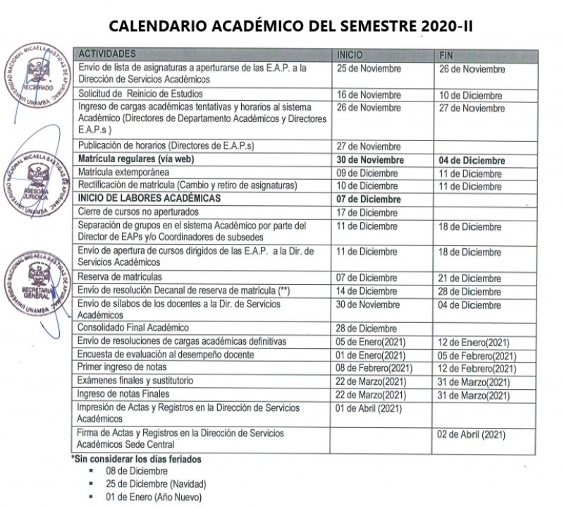 UNAMBA: APRUEBAN CALENDARIO ACADÉMICO DEL SEMESTRE 2020-II