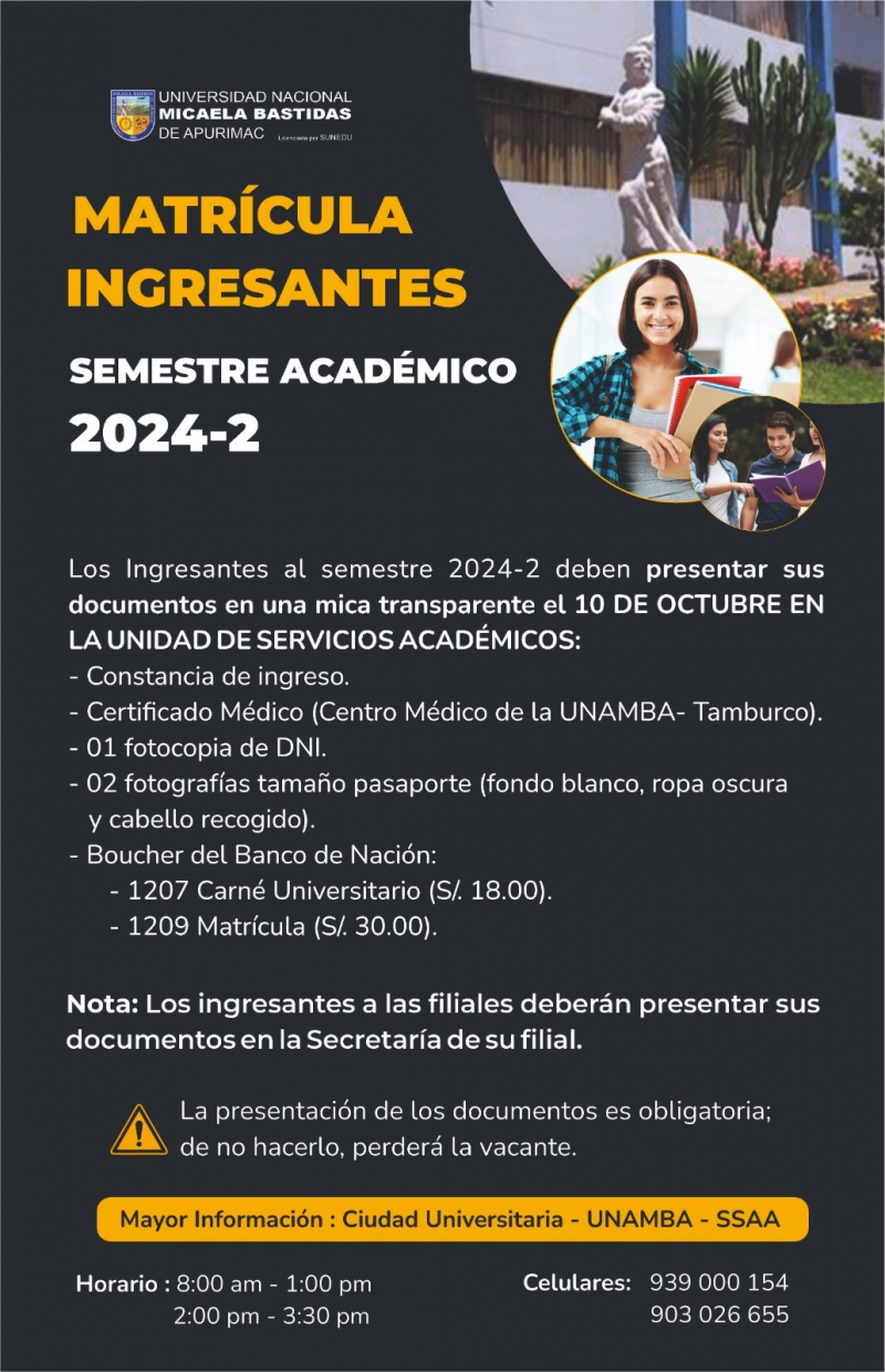 UNAMBA: Matrícula para ingresantes del Semestre Académico 2024 - 2