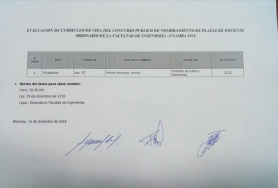Resultados de Evaluación de Hoja de Vida para Nombramiento Docente