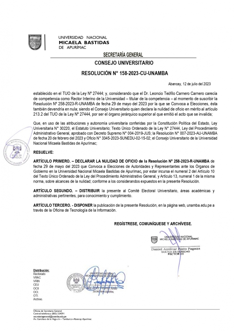 Declaran la NULIDAD DE OFICIO de la Resolución N° 258-2023-CU-UNAMBA de fecha 29 de mayo del 2023