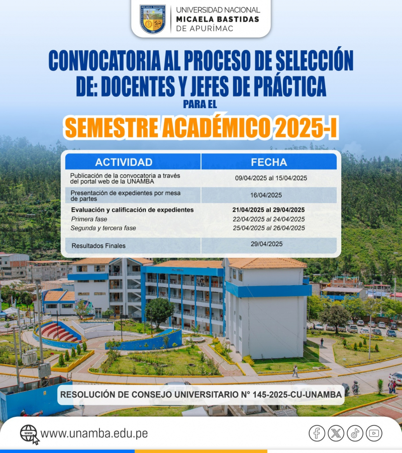 UNAMBA convoca a PROCESO DE SELECCIÓN DE DOCENTES Y JEFES DE PRÁCTICA PARA EL SEMESTRE ACADÉMICO 2025-I