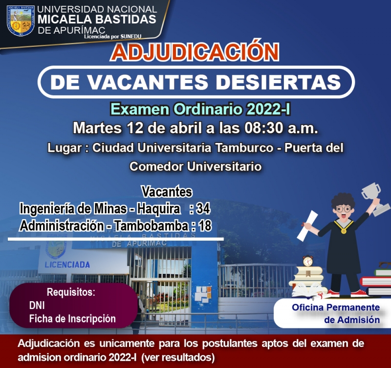 Adjudicación de vacantes desiertas para Ingeniería de Minas (filial Haquira) y Administración (filial Tambobamba) del Examen de Admisión Ordinario 2022-1