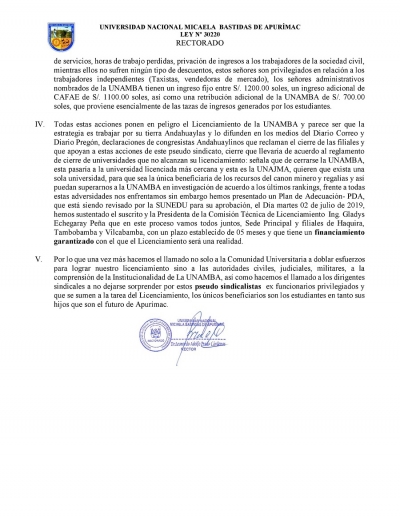 Pronunciamiento Oficial UNAMBA