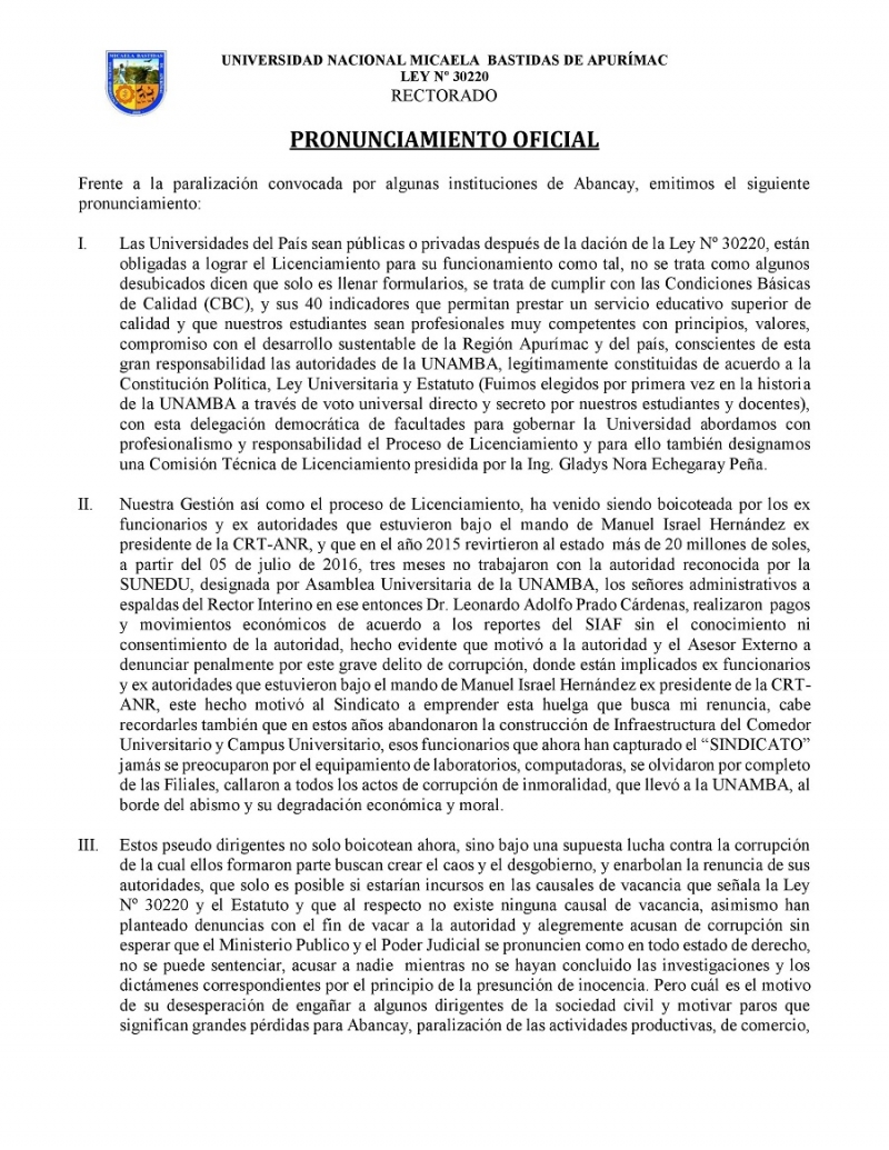 Pronunciamiento Oficial UNAMBA
