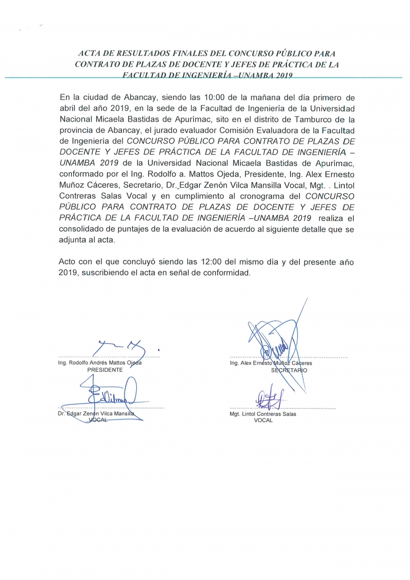 Resultados Finales del Concurso Público para Contrato de Plazas Docentes y Jefes de Práctica de la Facultad de Ingeniería - UNAMBA 2019