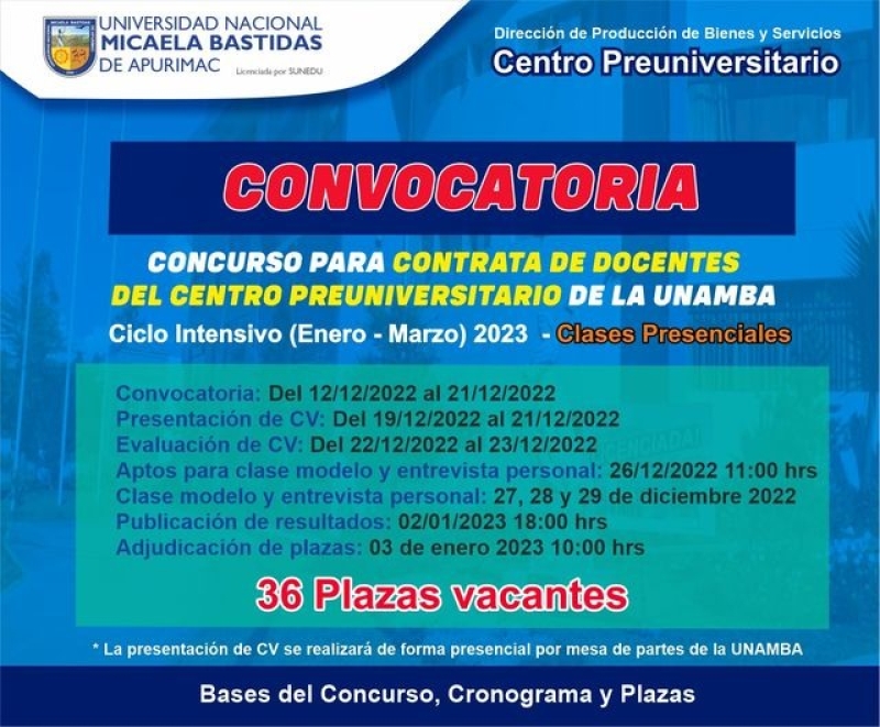 CONVOCATORIA Concurso para contrata de docentes del CPU de la UNAMBA