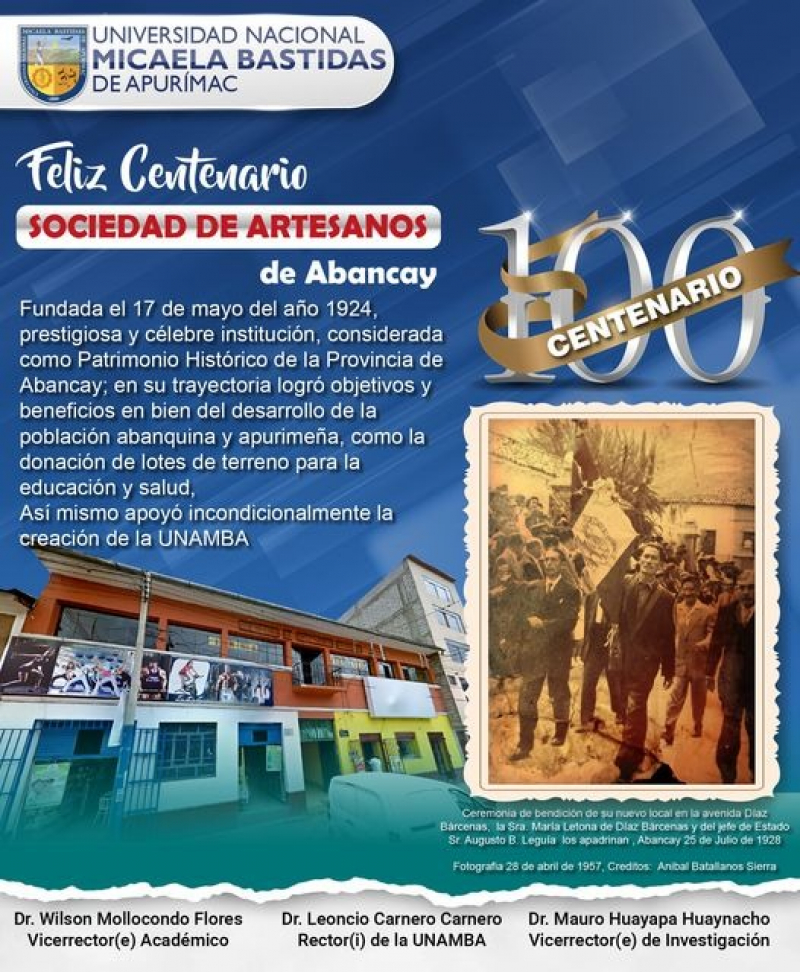Feliz Centenario SOCIEDAD DE ARTESANOS DE ABANCAY