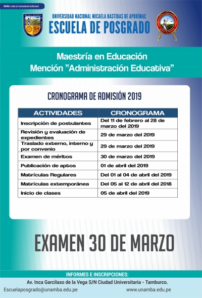 Cronograma para el Proceso de Admisión a la Maestría en Educación, Mención en “Administración Educativa” UNAMBA-2019