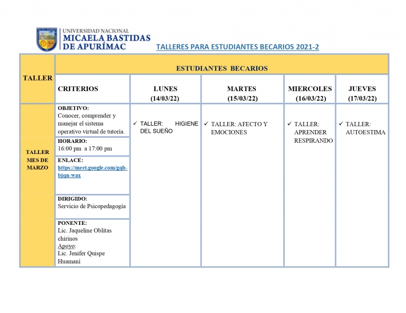 Horario de los Talleres del Servicio de Psicopedagogía