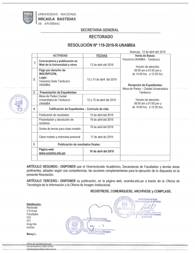 II Concurso Público para Contrato de Docentes y Jefes de Práctica UNAMBA-2019