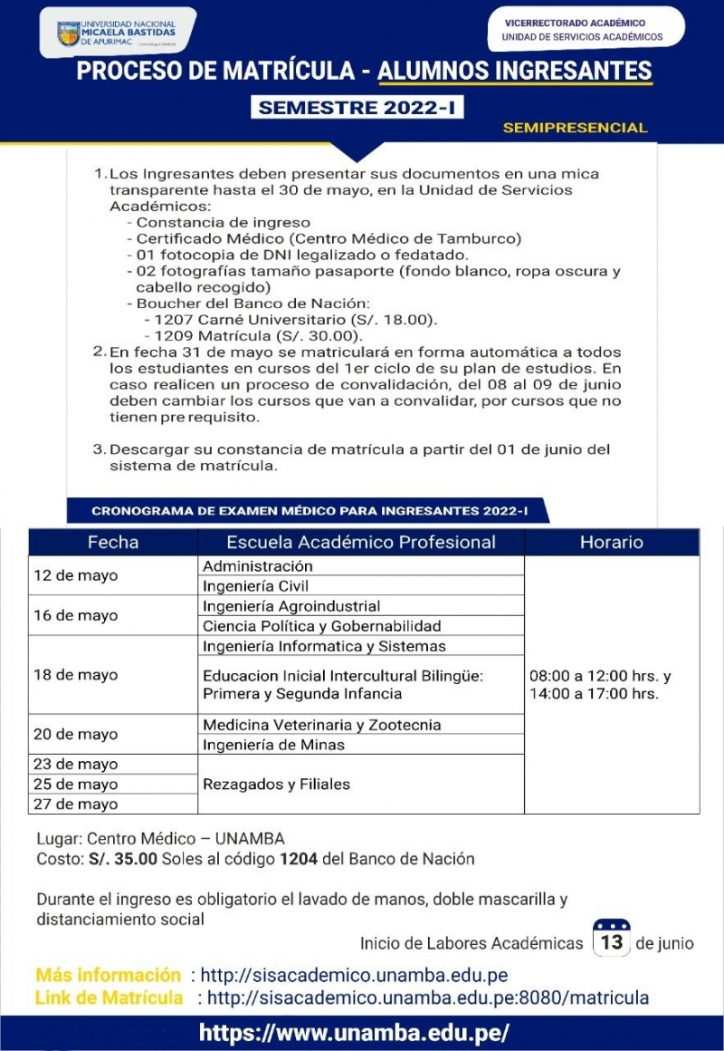 ALUMNOS INGRESANTES se inició las matrículas para el SEMESTRE 2022-1