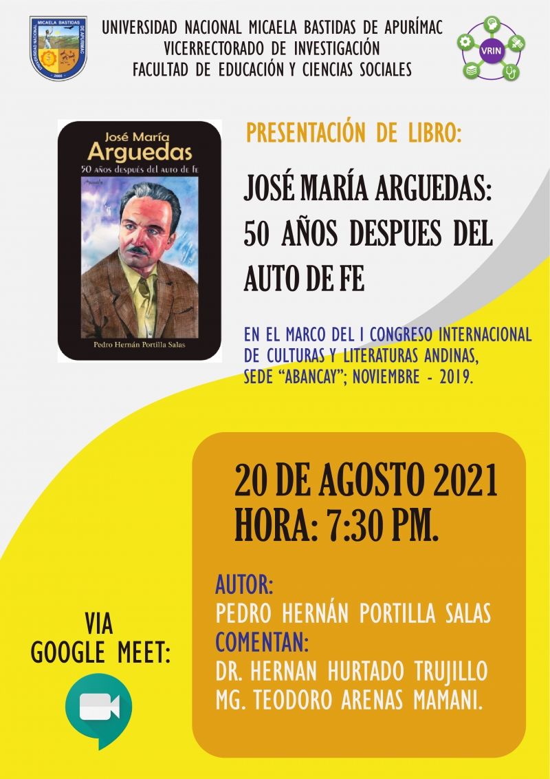 INVITACIÓN A PRESENTACIÓN DE LIBRO &quot;JOSÉ MARÍA ARGUEDAS: 50 AÑOS DESPUES DEL AUTO DE FE&quot;