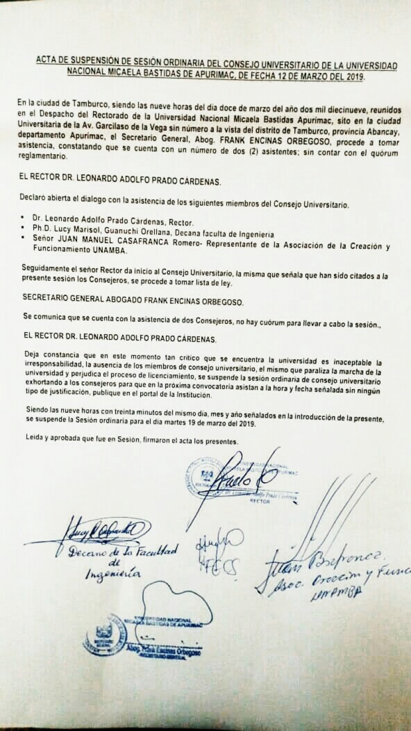 Acta de suspensión de Sesión de Consejo Universitario