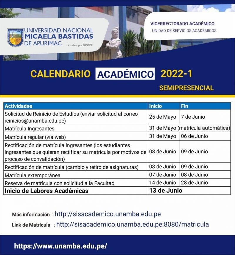 CALENDARIO ACADÉMICO 2022-1 (Semipresencial)