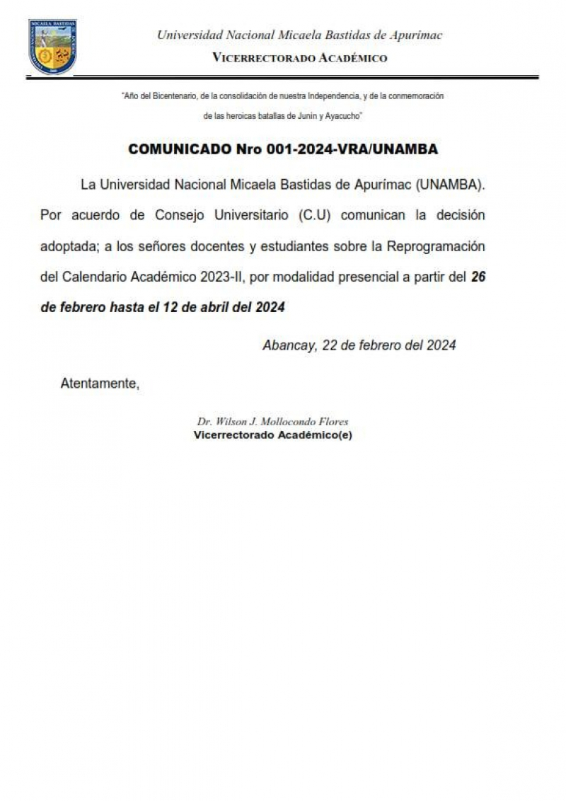 COMUNICADO Reprogramación del Calendario Académico 2023-2