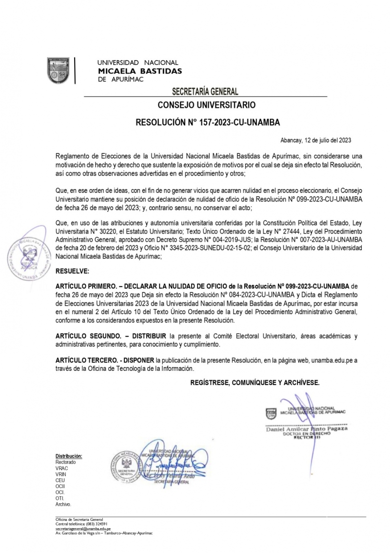 Declaran la NULIDAD DE OFICIO de la Resolución N° 099-2023-CU-UNAMBA de fecha 26 de mayo del 2023