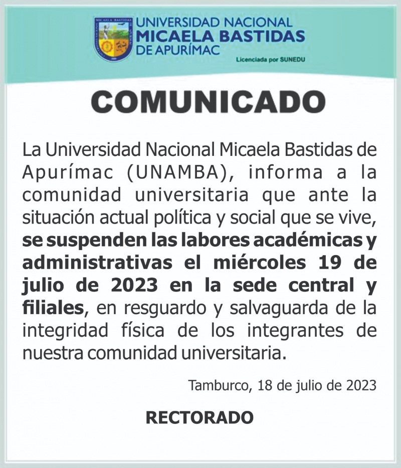 COMUNICADO Suspensión de labores académicas y administrativas