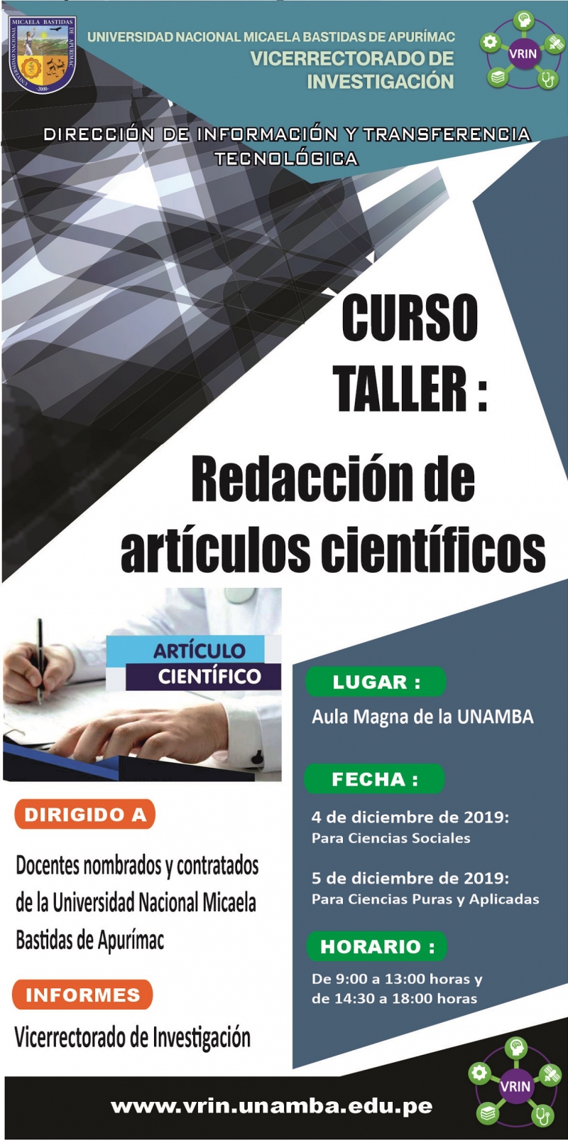 Curso Taller de &quot;Redacción de Artículos Científicos&quot;, 04 y 05 de diciembre