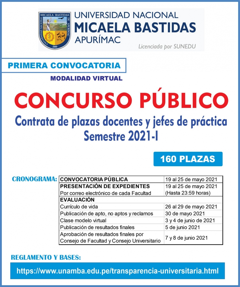 CONVOCATORIA A CONCURSO PÚBLICO PARA CONTRATA DE PLAZAS DOCENTES Y JEFES DE PRÁCTICA 2021-I (Modalidad virtual)