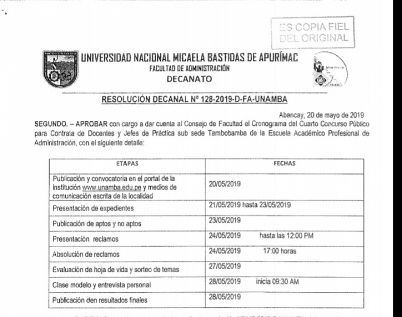 IV Convocatoria para Contrato de Docentes y Jefes de Práctica de la Facultad de Administración - Filial Tambobamba