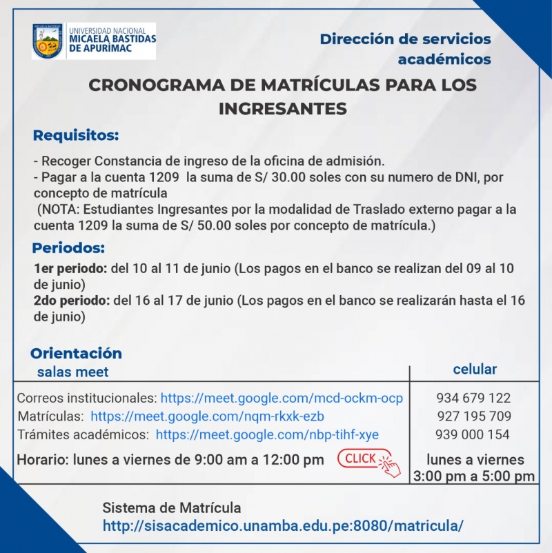 CRONOGRAMA DE MATRÍCULAS PARA INGRESANTES