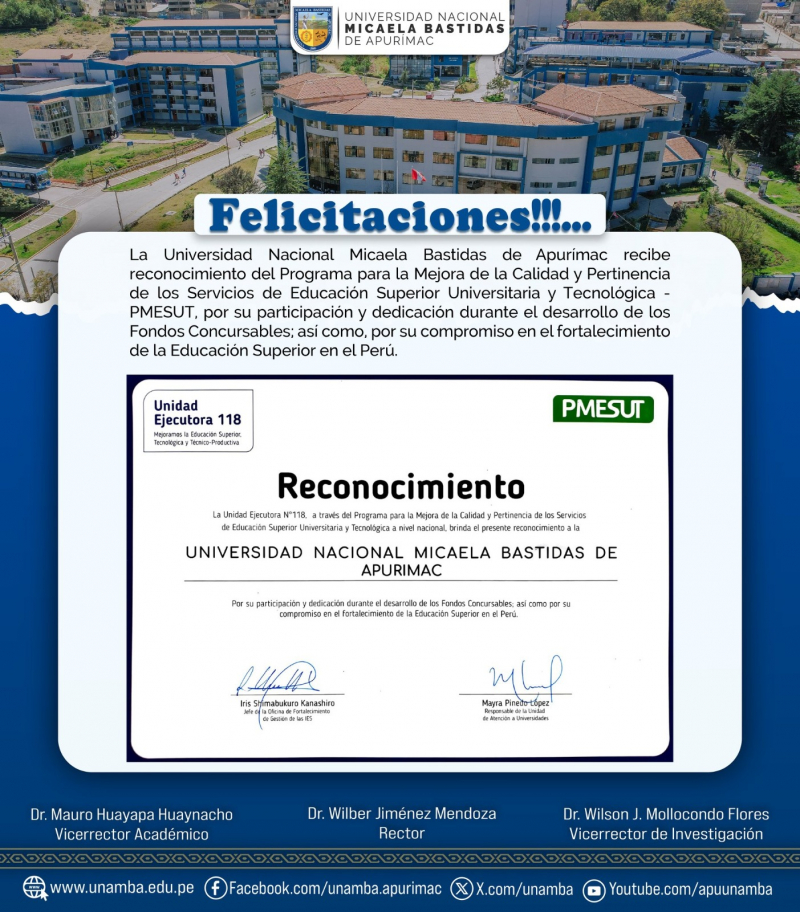Felicitaciones!!! UNAMBA recibe reconocimiento de PMSUT