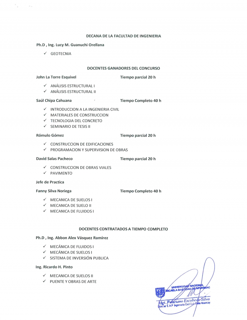 Acta de Asignación de Aulas y Plana de docentes contratados para la Escuela Académico Profesional de Ingeniería Civil - Abancay