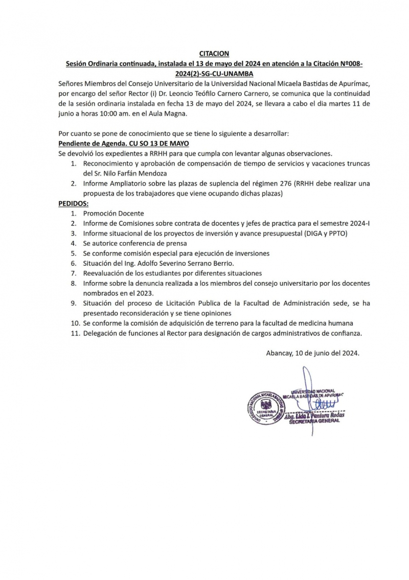 UNAMBA: Citación a Consejo Universitario