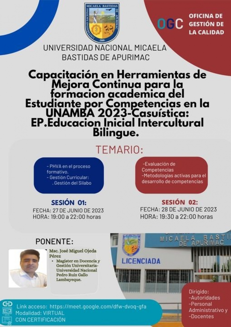 Capacitación &quot;Herramientas de mejora continua para la formación académica del estudiante por competencias en la UNAMBA 2023 -Casuística: E. P. Educación Inicial Intercultural Bilingüe&quot;