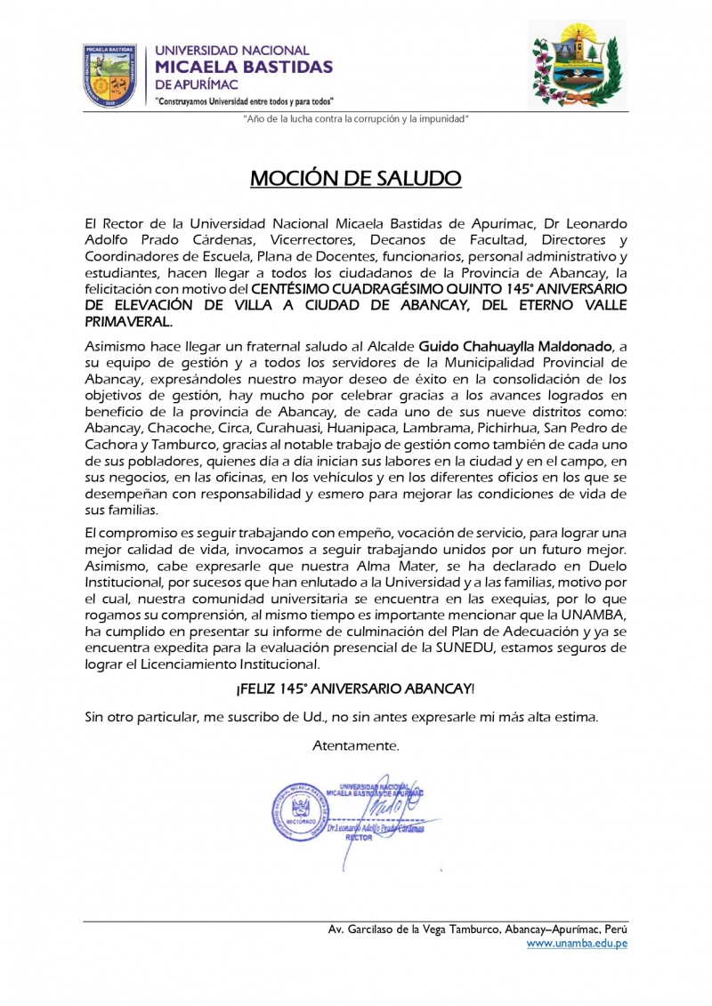 Saludo por el 145° Aniversario de la Provincia de Abancay