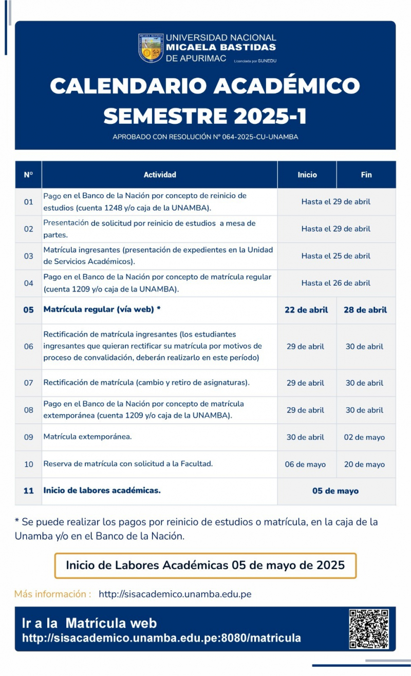 Calendario Académico del Semestre 2025-1 de la UNAMBA