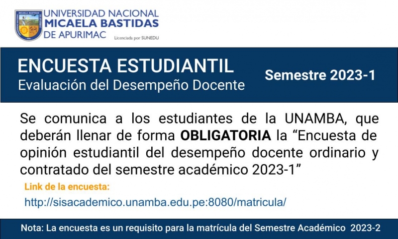 Participa en la ENCUESTA ESTUDIANTIL de Evaluación del Desempeño Docente del semestre 2023-1