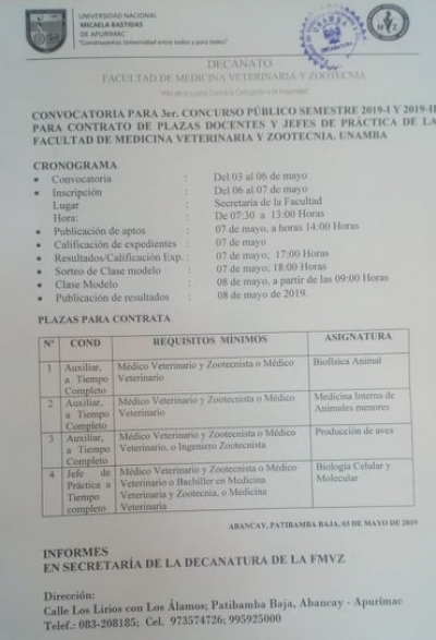 III Concurso para Contrato de Docentes y Jefes de Práctica de la Facultad de Medicina Veterinaria y Zootecnia