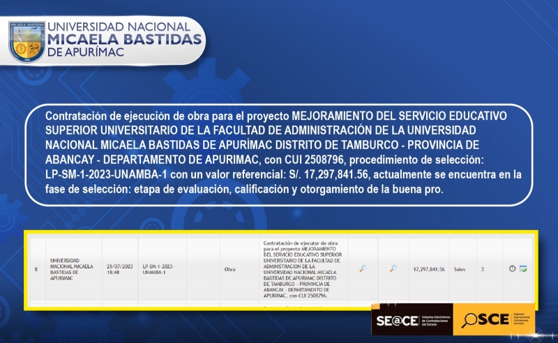 Contratación de ejecución de obra para el proyecto &quot;Mejoramiento del servicio educativo superior universitario de la Facultad de Admnistación de la UNAMBA