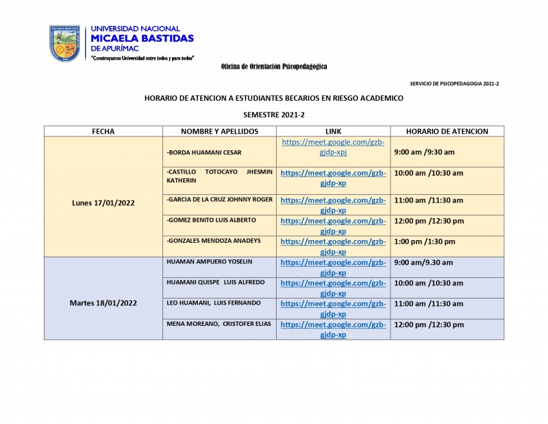 Horarios de Atención del Servicio de Psicopedagogía para Estudiantes Becarios en Riesgo 2021-II de las Diferentes E.A.Ps