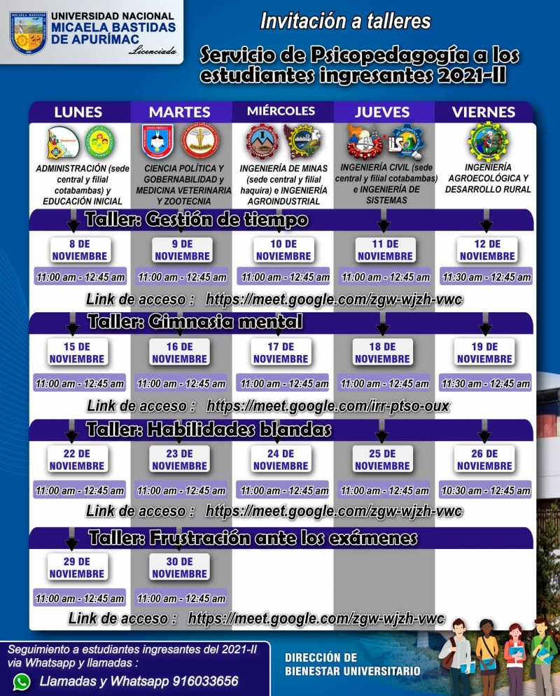 Horario de los  Talleres del Servicio de Psicopedagogía para Estudiantes Ingresantes (Cachimbos) Semestre 2021- II - Mes de Noviembre