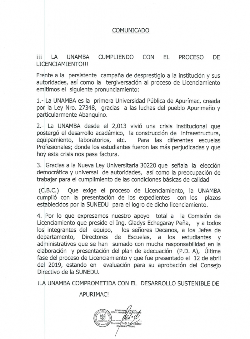 Comunicado UNAMBA
