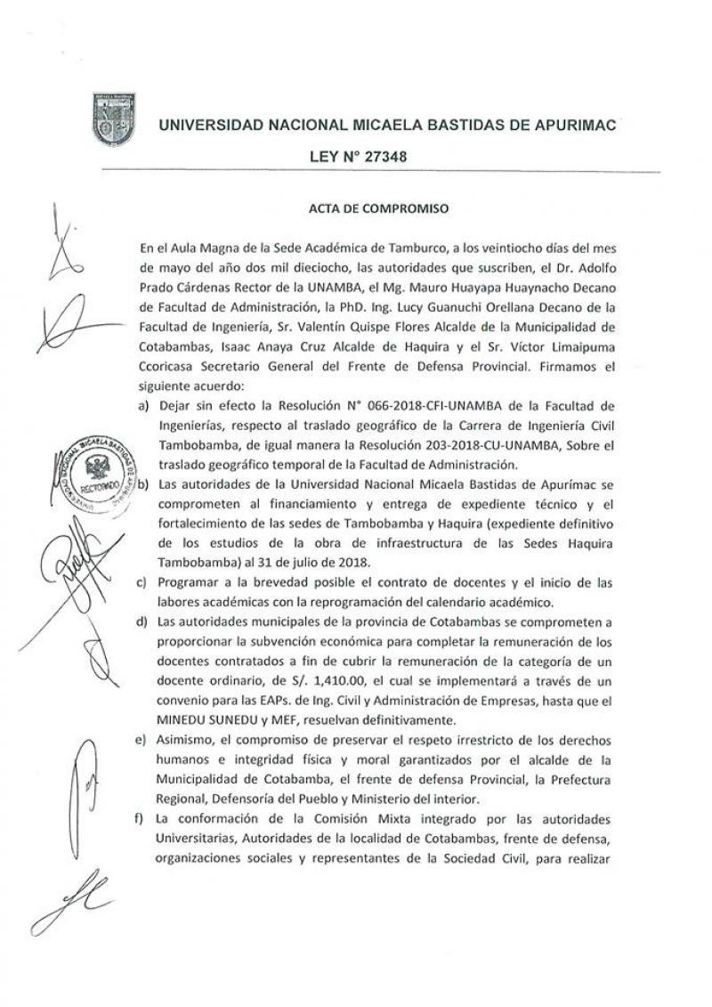 Acta de Compromiso con las Autoridades Municipales de Cotabambas