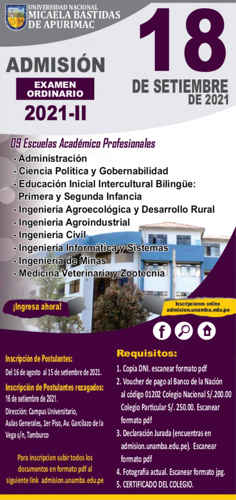 CONVOCATORIA A EXAMEN DE ADMISIÓN 2021-II