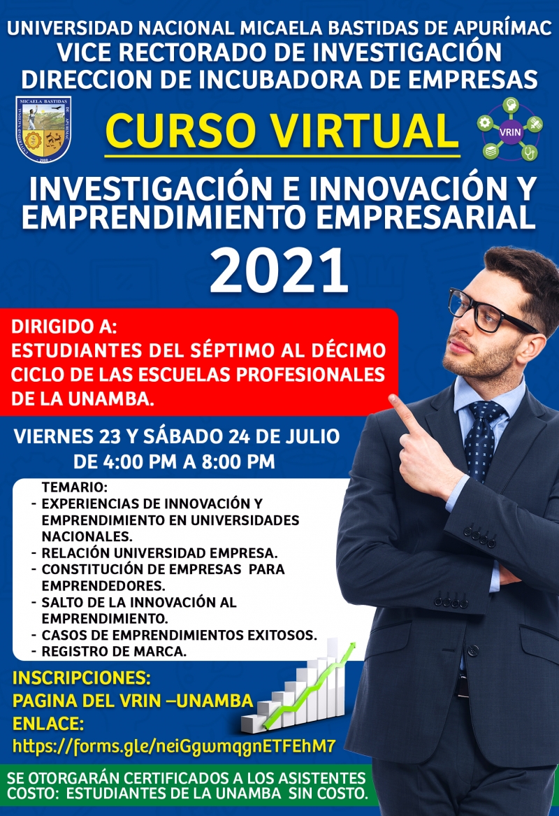 Curso taller virtual &quot;INVESTIGACIÓN E INNOVACIÓN Y EMPRENDIMIENTO EMPRESARIAL 2021&quot;